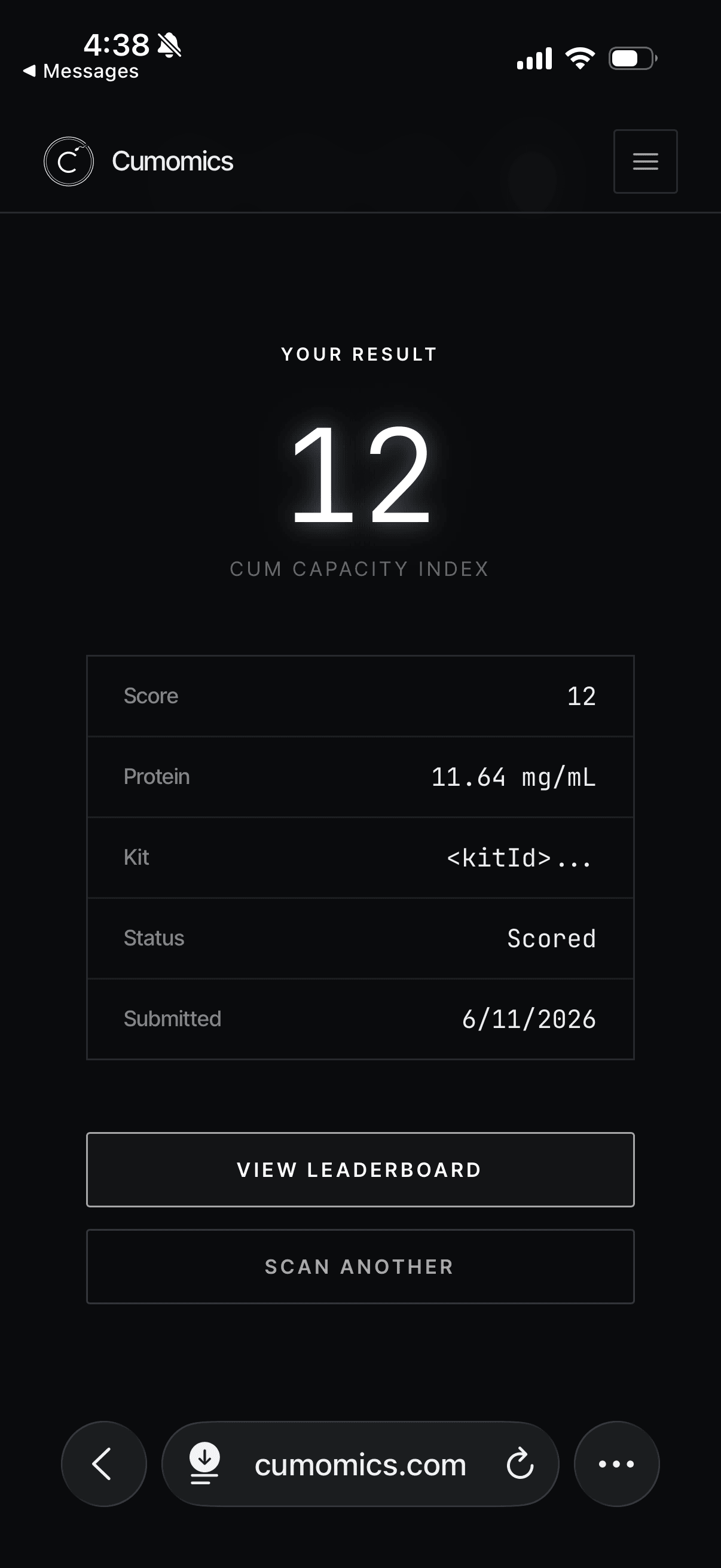 Cumomics result screen showing a Cum Capacity Index score.